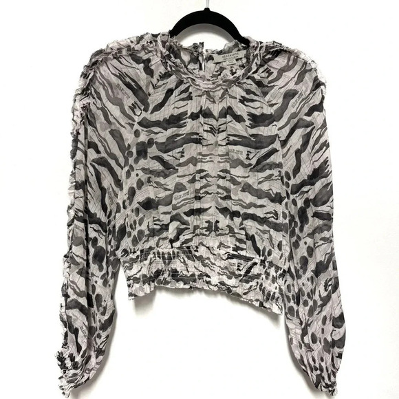 NWOT AllSaints Thallo Oniyuri Ruffle Smocked Top - Striped Patterned Blouse - Picture 2 of 11